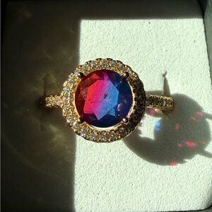 NEW! Pretty Bird Jewelry Gold Halo Ring with Pink Purple Center Stone size 8